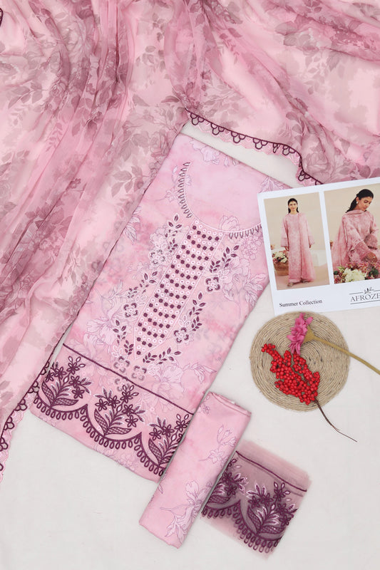 Afrozeh 5051 Pink Embroidered Unstitched 3 Piece