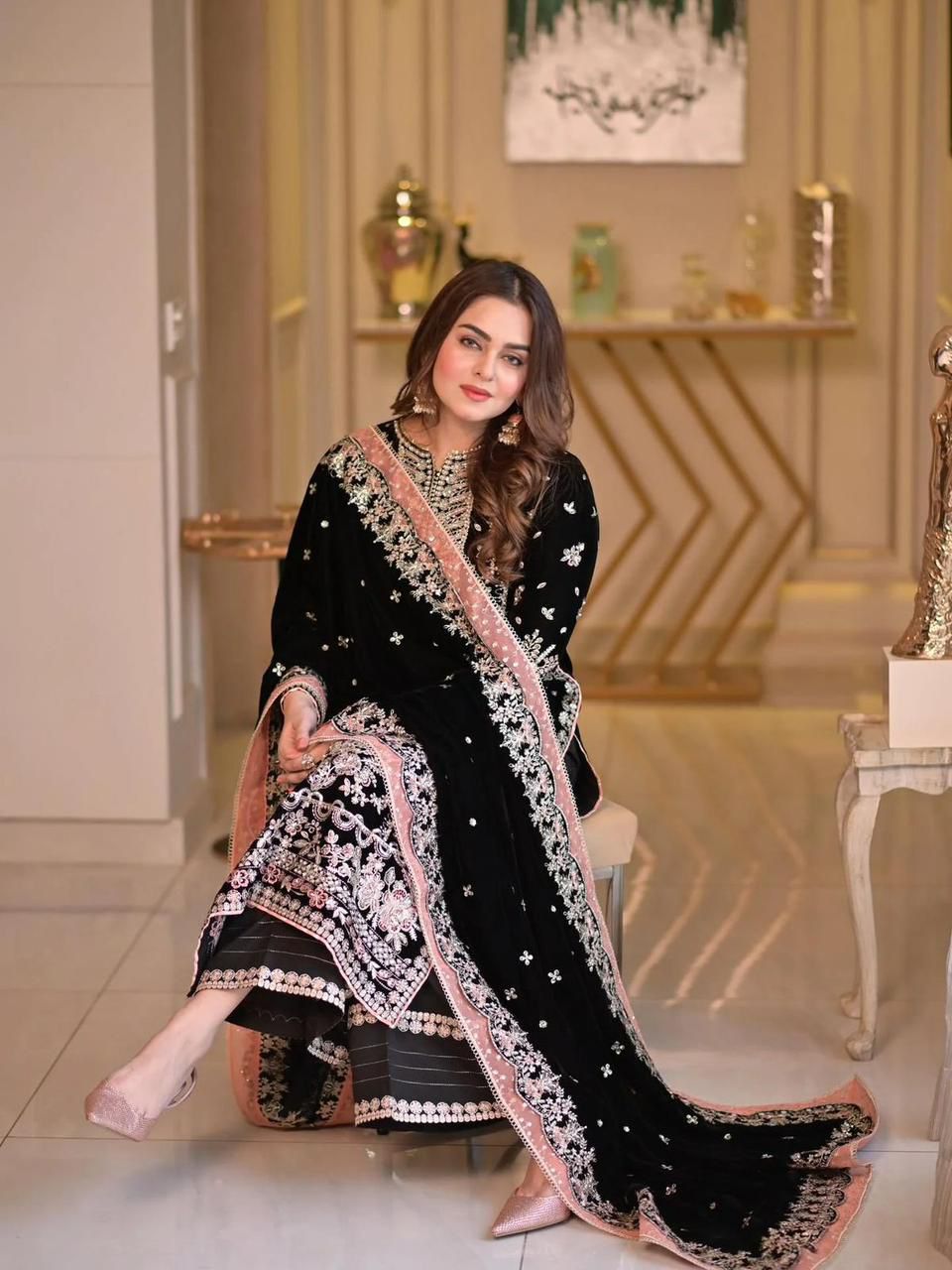 Aneela's Black Embroidered Unstitched 3 Piece