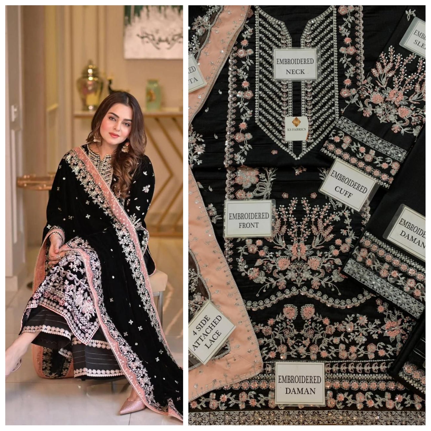Aneela's Black Embroidered Unstitched 3 Piece